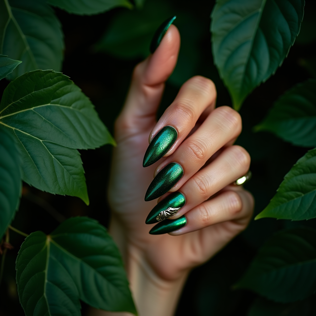 Bestselling AI nail art designs - cat eye green chrome leaf nails by Glacé