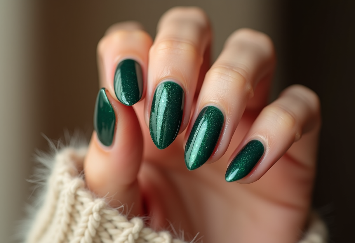 Emerald velvet gel nail art - deep green jewel tone almond shaped nails