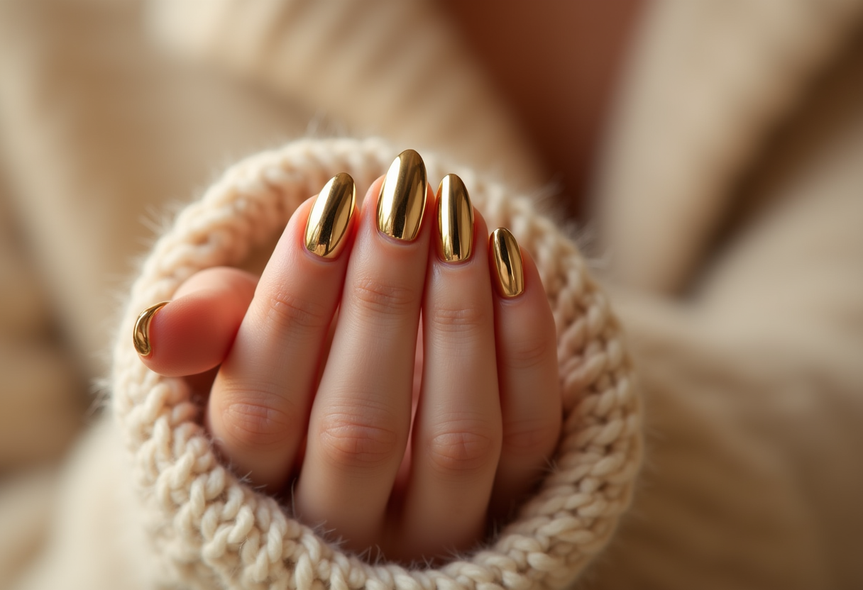 24K gold leaf chrome nail art - luxury gold mirror finish almond shaped nails