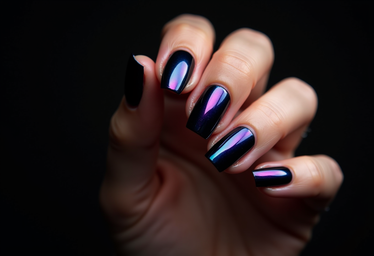 Midnight chrome stiletto nail art - dark black mirror finish nail design