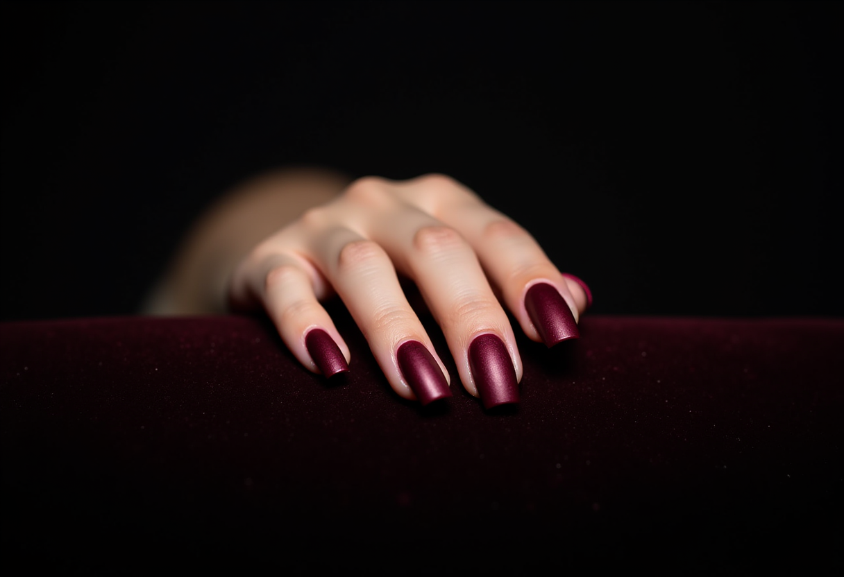 Deep rouge burgundy nail art - rich dark red matte coffin shaped nails