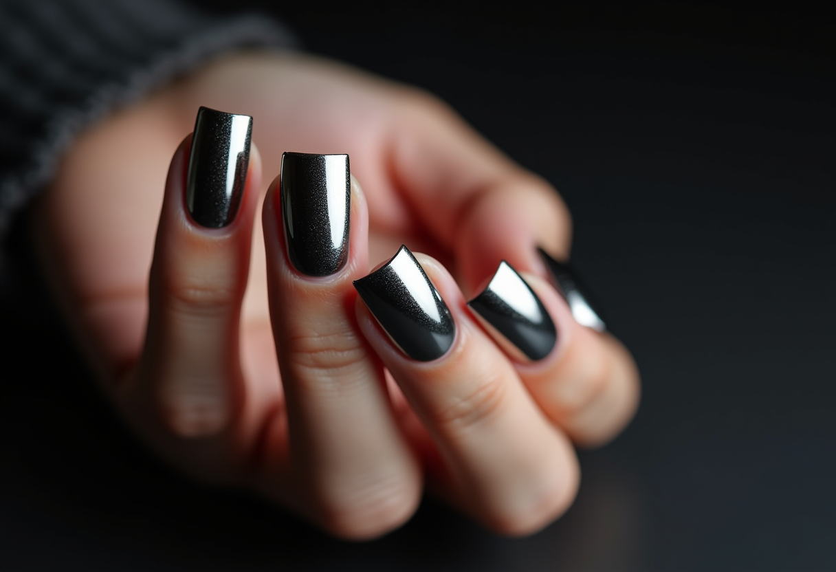 Silver mirror metallic nail art - chrome reflective square shaped nail design